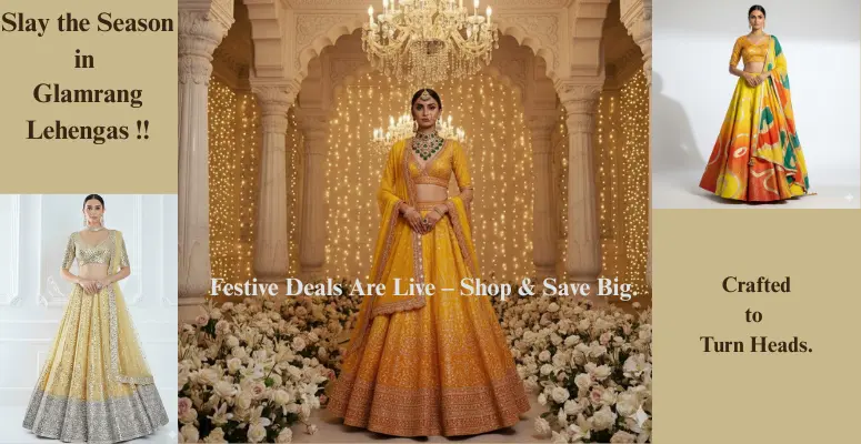 Three women in vibrant Glamrang lehengas posing in a festive setting with chandeliers and floral decor, promoting seasonal discounts and ethnic fashion.