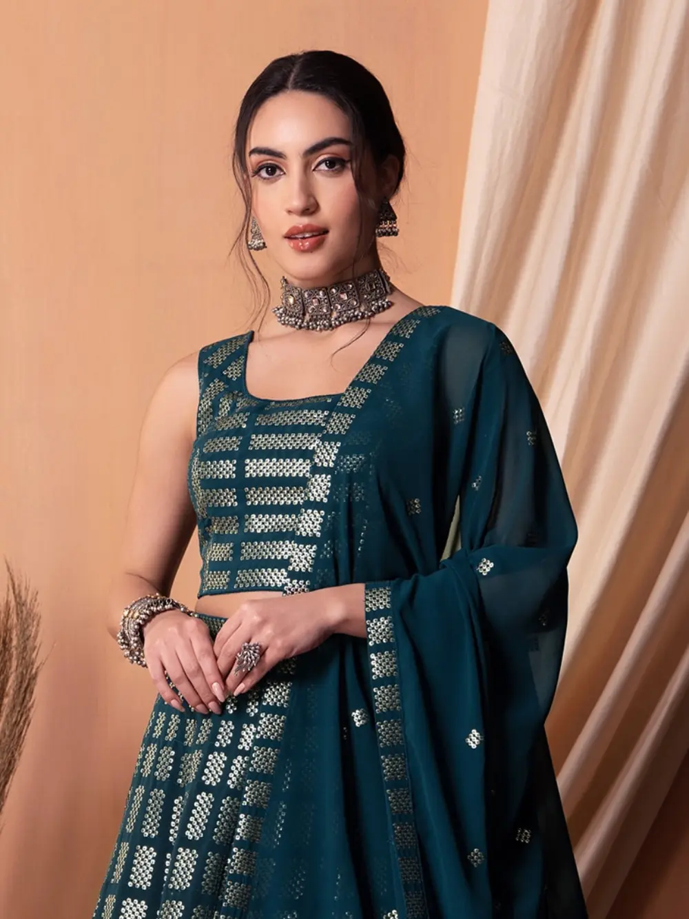 Buy Designer Lehenga for Women Online Teal Blue Georgette Lehenga Set.