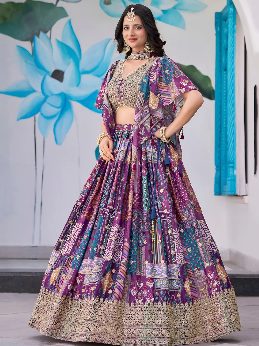 Party wear Lehnga look. Purple Chinnon Silk Lehenga.